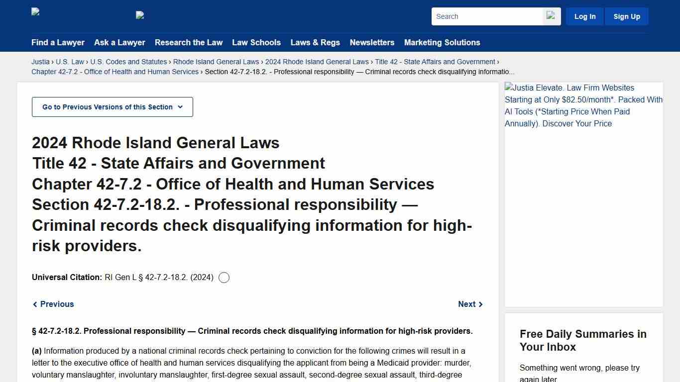General Laws of Rhode Island Section 42-7.2-18.2. (2024) - Professional responsibility — Criminal records check disqualifying information for high-risk providers. :: 2024 Rhode Island General Laws :: U.S. Codes and Statutes :: U.S. Law :: Justia